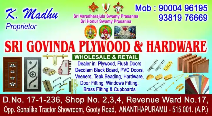 Sri Govinda Playwood and Hardware in Gooty Road, Anantapur