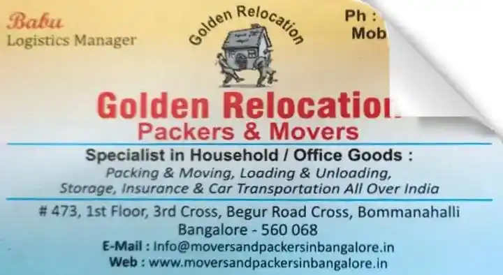Packers And Movers in Bengaluru (Bangalore) : Golden Relocation Packers and Movers in Bommanahalli