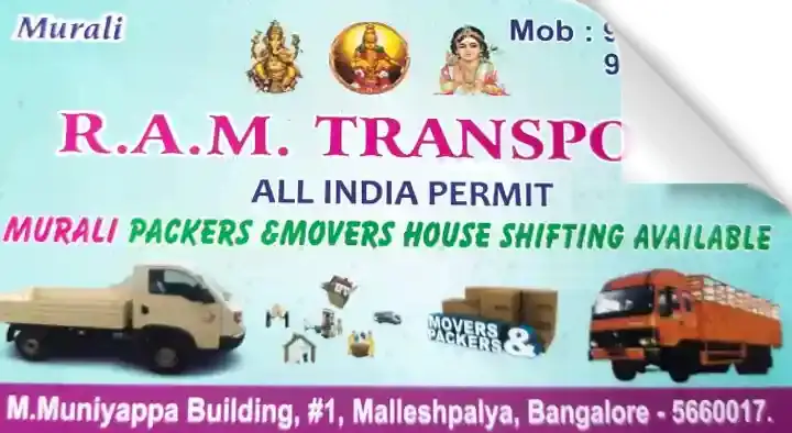 Transport Contractors in Bangalore  : RAM Transport Murali Packers and Movers in Malleshpalya