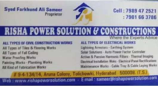 Constructions Works in Hyderabad  : Risha Power solution And Constructions in Tolichowki