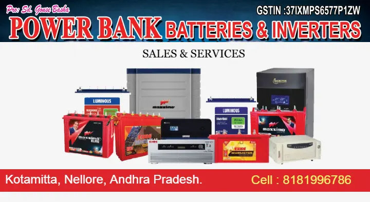 Power Bank Batteries and Inverters Sales and Service in Kotamitta, Nellore