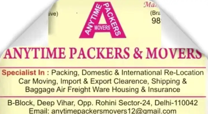 Anytime Packers And Movers in Deep Vihar, New Delhi