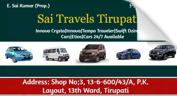 Taxi Services in Tirupati  : Sai Travels Tirupati in PK Layout