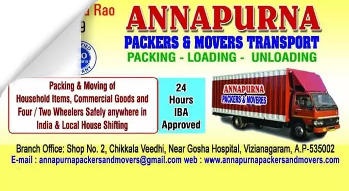Packers And Movers in Vizianagaram  : Annapurna Packers and Movers in Chikkala Veedhi