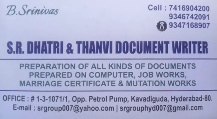 SR Dhatri and Thanvi Document Writer in Kavadiguda